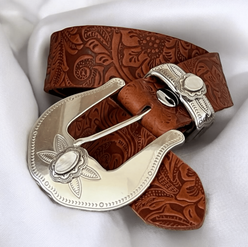 Boho leather belt with silver flower buckle e1730729938843